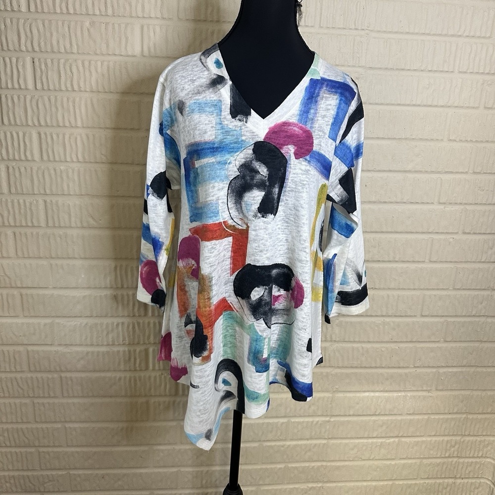 Et' Louis Colorful Arty 3/4 Sleeve Swing Tunic Blouse Sz M Pullover‎ Tight Knit